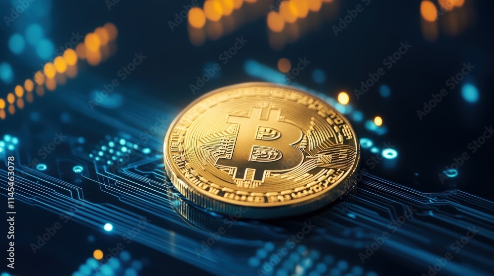 Poster Golden Bitcoin Coin on a Circuit Board Background with Digital Connections Representing Cryptocurrency and Blockchain Technology in Modern Finance