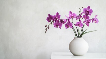 A bouquet of purple orchids in a modern ceramic vase on a minimalist white table, side view shot, Contemporary elegance style © ArpPSIqee