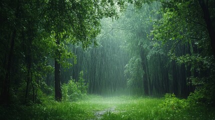 Fototapeta premium Rain-Kissed Forest Path: A verdant forest path disappears into a mist of rain, creating a serene and magical ambiance. The lush foliage and gentle downpour evoke a sense of tranquility and renewal.