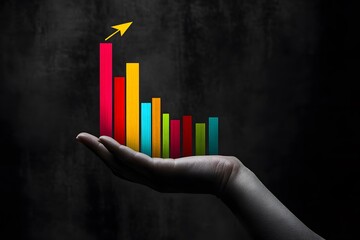 Hand holding colorful wooden blocks arranged in a bar chart, concept of growth and business progress