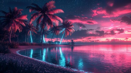 Pink sunset on tropical beach with palm trees and neon lights.
