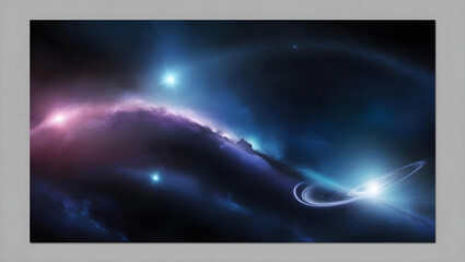 Obraz premium A blank background with an attractive space theme for presentations in high resolution, featuring a vast cosmic scene with deep, rich blues, purples, and blacks. Subtle, glowing stars, distant nebulae