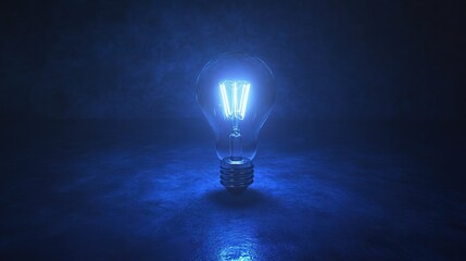 3D Glowing Light Bulb Representing Bright Ideas in Dark Environment