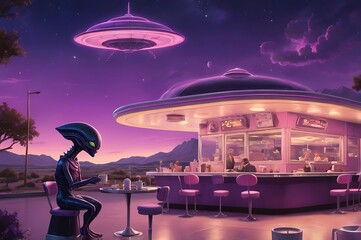 Fototapeta premium Alien Sipping Coffee At A 1950s-Style Diner, With A Jukebox Playing And Their Flying Saucer Parked Outside Under A Glowing Purple Sky
