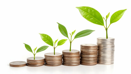 Stacked Coins with Green Leaves Symbolizing Growth on Soft Bokeh Background