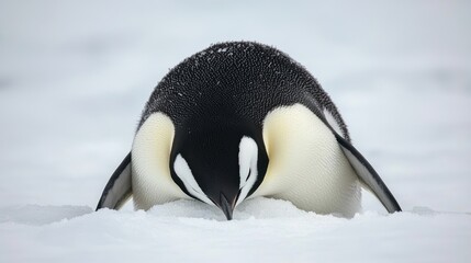 Adorable penguin foraging in the white snowy landscape