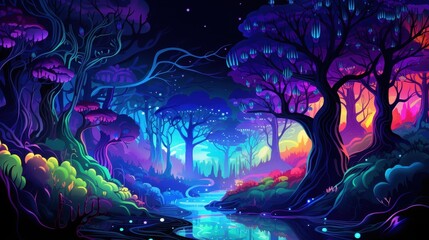 Vibrant Neon Forest Scene With Glowing Trees And Stream