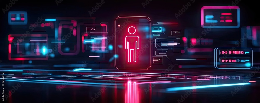 Poster inventory management idea. futuristic digital interface with neon indicators and human figures in a 