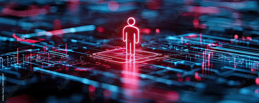 Poster inventory management idea. a digital representation of a person standing within a futuristic circuit