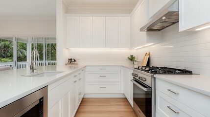 Fototapeta premium Modern white kitchen with bright natural light and sleek design.