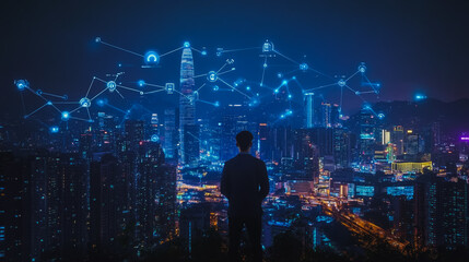 Smart digital city with connection cyber security network reciprocity over the cityscape . future smart wireless digital city and social media networking systems that connects people within the city