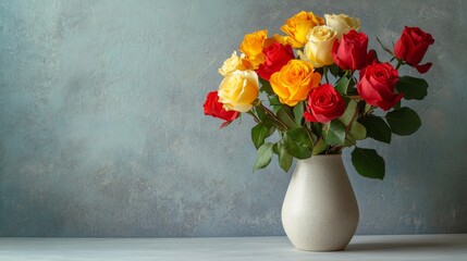 A bouquet of red and yellow roses in a ceramic vase, side view shot, Minimalist style