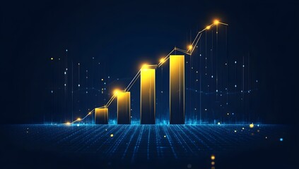 Abstract 3D bar chart with rising arrow, digital data visualization of business growth and financial success