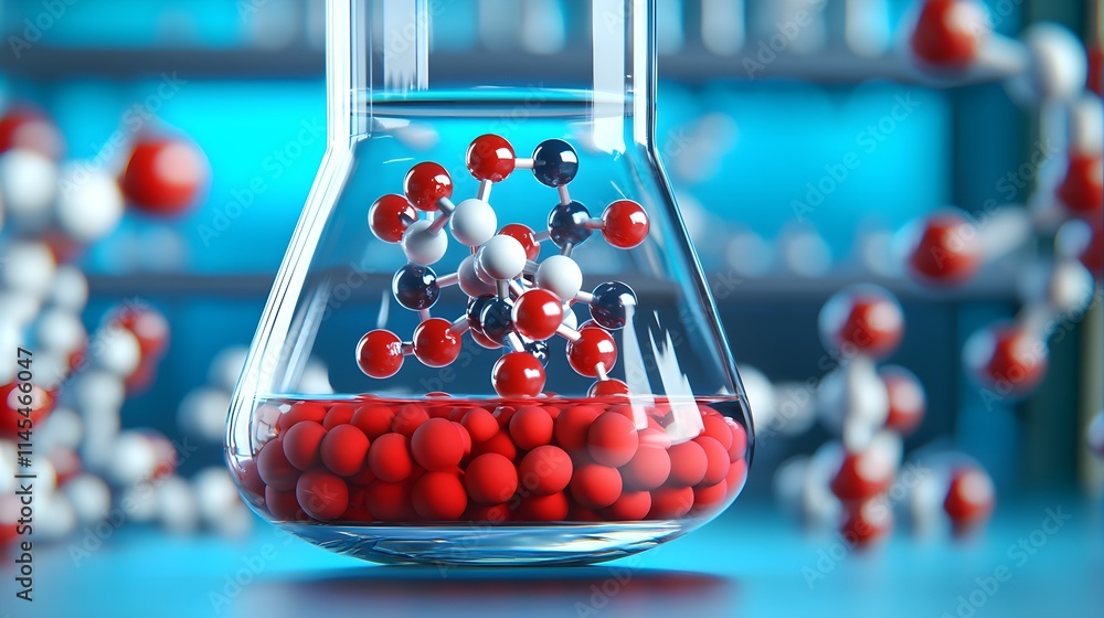 Poster molecular structure in lab flask - 3d renderings