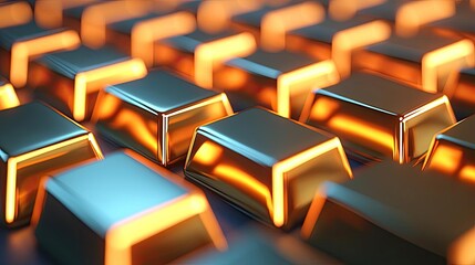 Fototapeta premium Capital cost concept. Close-up view of shimmering gold bars reflecting warm light and showcasing wealth.