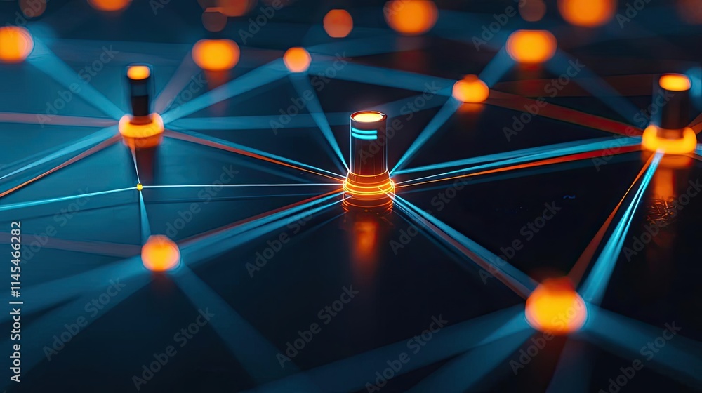 Poster inventory management idea. abstract network connection with glowing nodes in a dark digital environm