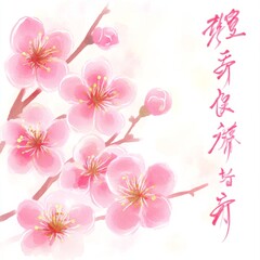 Obraz premium Delicate Watercolor Plum Blossoms Springtime Greeting Card