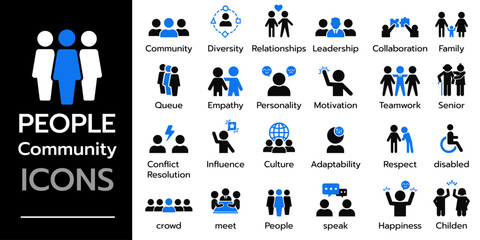 People community icon set. family, childen, relationships, leader, teamwork and more. Solid vector icons collection