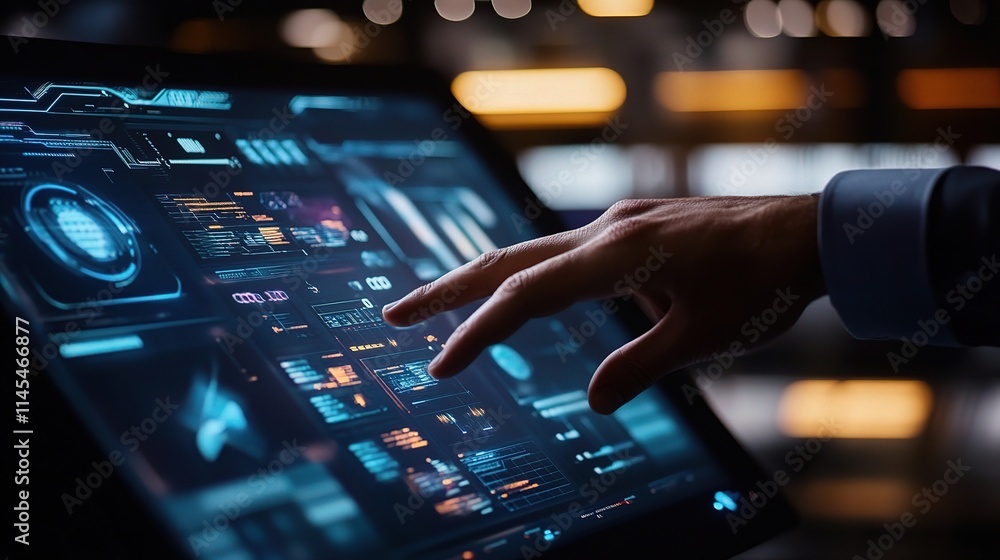 Poster businessman interacting with modern touchscreen computer display