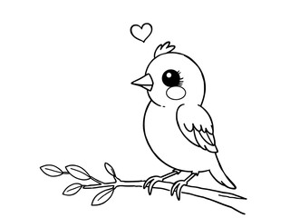 Obraz premium Cute bird sits calmly on branch love heart above hand-drawn sketch. AI Generated