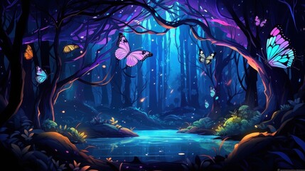 Enchanted Forest Stream With Colorful Butterflies