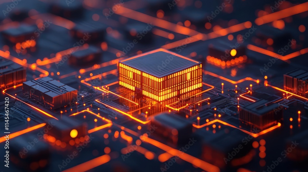 Poster inventory management idea. close-up of a glowing microchip surrounded by intricate circuitry and con