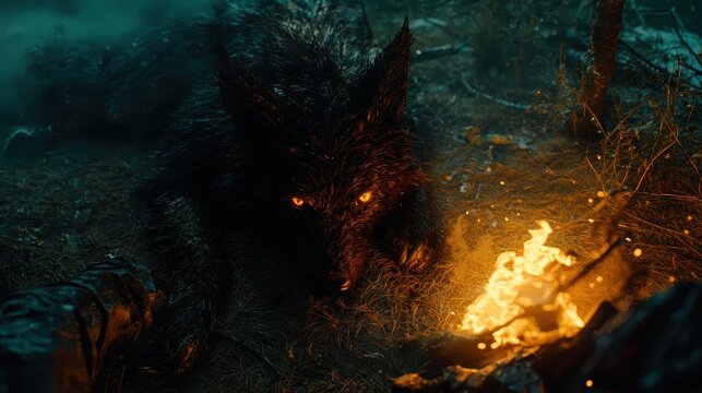 Mysterious Black Wolf Staring at Campfire in Dark Forest Night