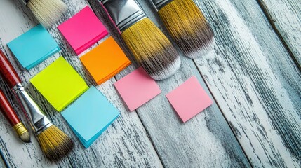 Paint brushes and colorful sticky notes on a wooden table in office