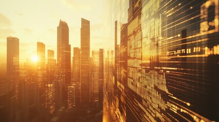 Obraz premium Golden Hour Metropolis: Futuristic Cityscape at Sunset 