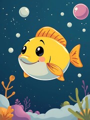 Cheerful yellow fish swims playfully in dark blue sea digital painting cartoonish style. AI Generated