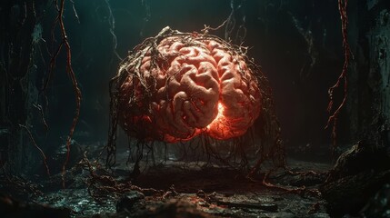 A glowing brain surrounded by organic tendrils in a dark environment.