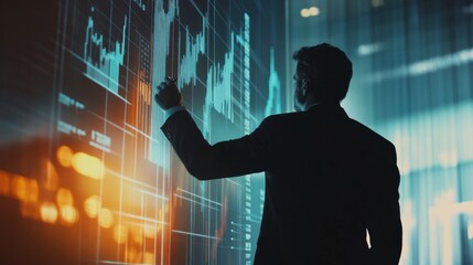 Data-Driven Decisions: A businessman analyzes data on a large digital screen, illuminated by a futuristic glow.