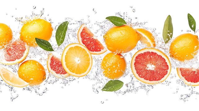 Freshly Sliced Citrus Fruits Daintily Splashed Wide Shot Photo. AI Generated