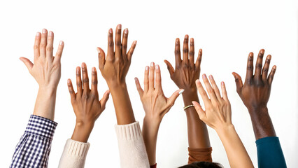 Obraz premium Diverse Hands Reaching Upwards Together Macro Image with Copy Space