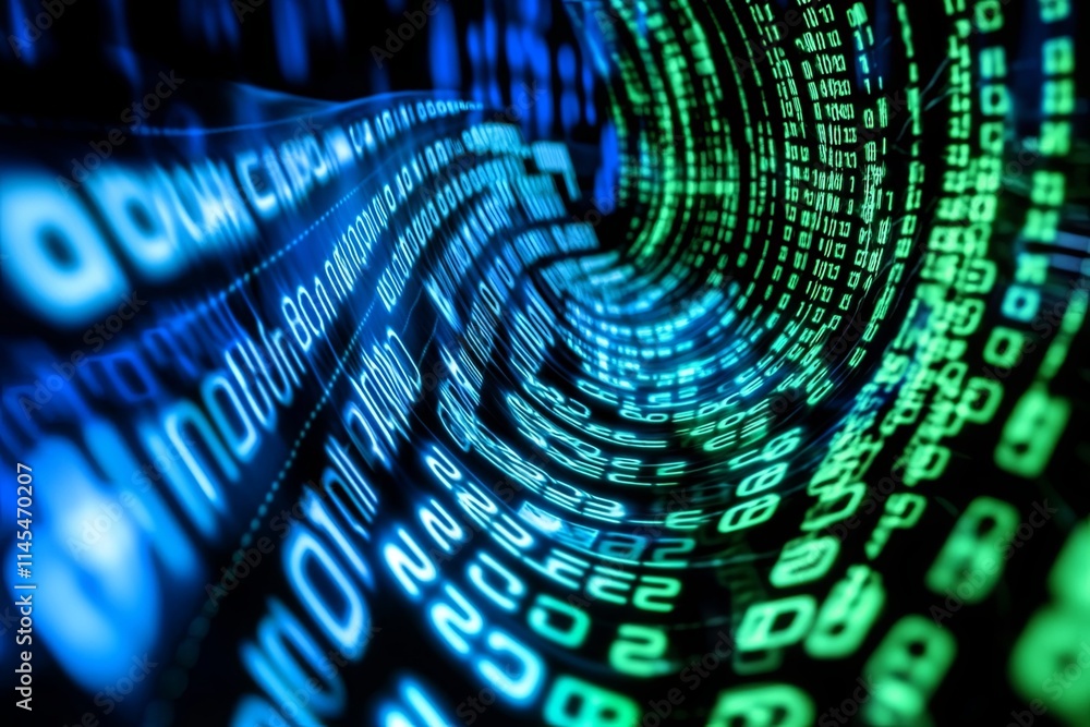 Poster abstract digital data stream tunnel: blue and green binary code