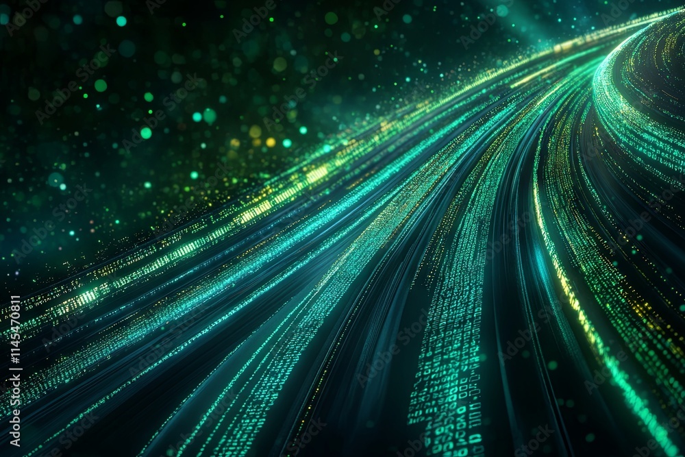 Poster abstract digital data stream: flowing binary code in teal and green