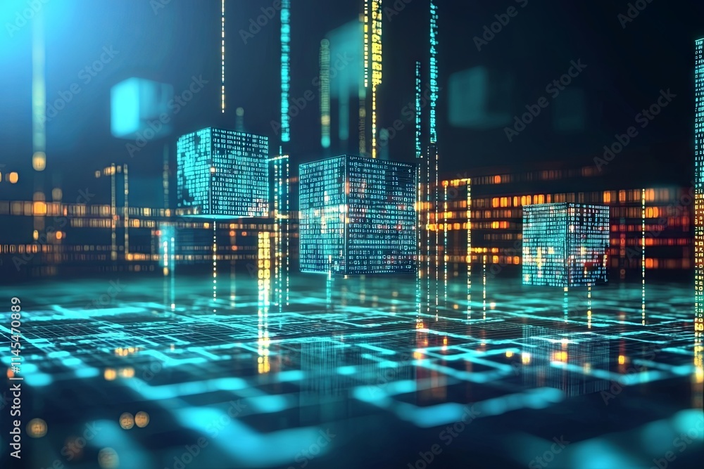 Poster digital data cubes floating in a cybernetic landscape