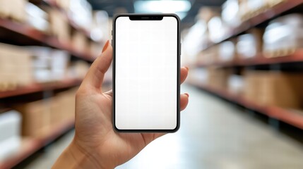 Hand Holding Smartphone in Warehouse with Empty Screen Background