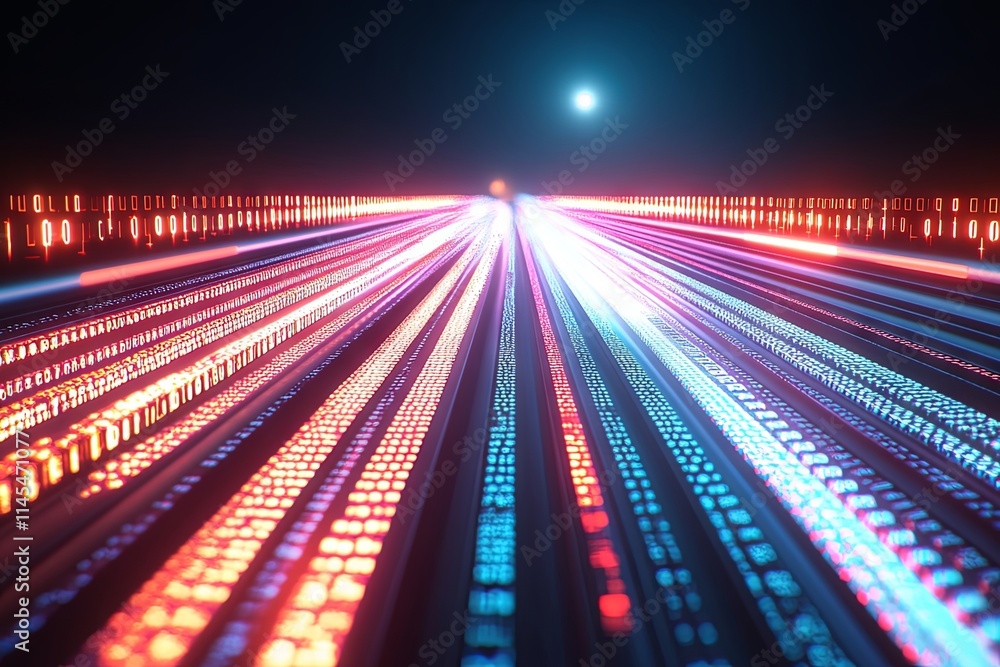 Poster abstract digital data stream, futuristic binary code highway, neon lights, technological background