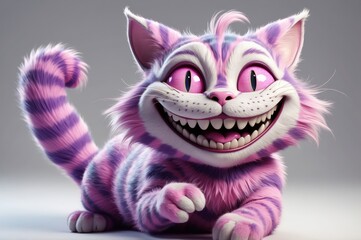 Cheshire Cat 3D render, pink fur, wide grin, large eyes.
