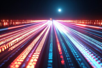 Fototapeta premium Abstract Digital Data Stream, Futuristic Binary Code Highway, Neon Lights, Technological Background