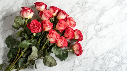 Fototapeta premium A bouquet of roses on a marble countertop, overhead shot, Minimalist style