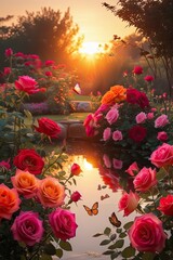 Fototapeta premium A serene rose garden at sunset, with roses glowing in vibrant hues of red, orange, and pink, illuminated by the soft golden light of the setting sun