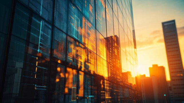 Sunset Cityscape: A modern cityscape bathed in the warm glow of a setting sun.  The reflection of the sky in the glass facade of a towering building creates an abstract pattern of color and light.