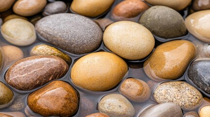 Fototapeta premium Macro natural concept. Smooth river stones in varying colors, creating a tranquil natural setting.