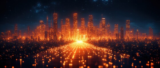 Fototapeta premium Futuristic cityscape illuminated by glowing lights.