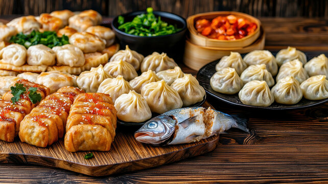 Chinese New Year Concept. feast table laden with Chinese New Year specialties