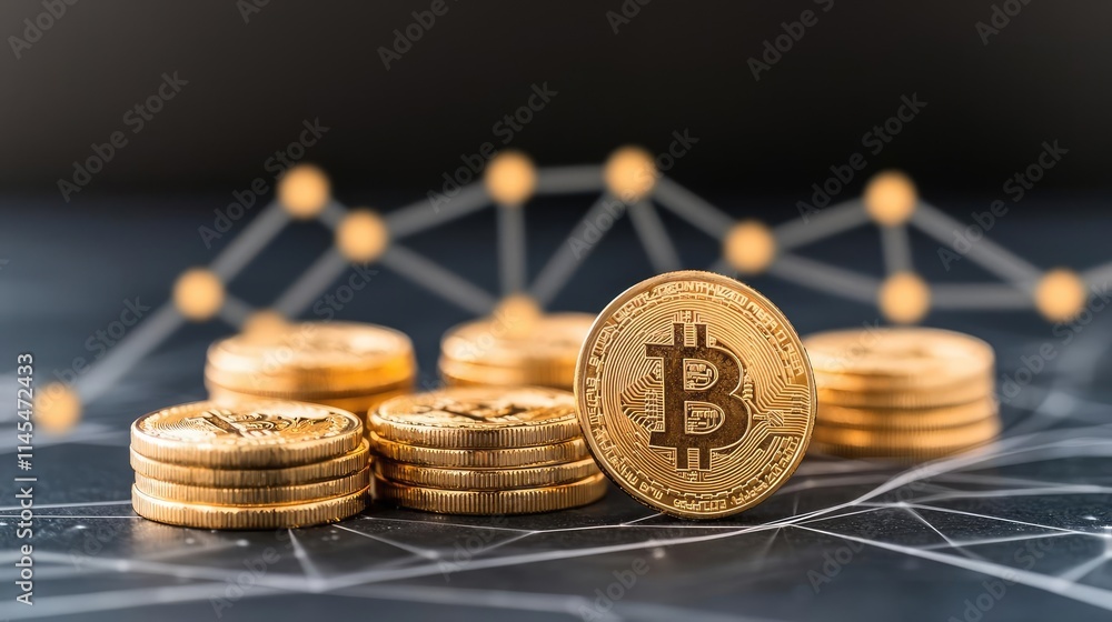 Poster capital cost concept. close-up of bitcoin coins with a digital graph background representing cryptoc