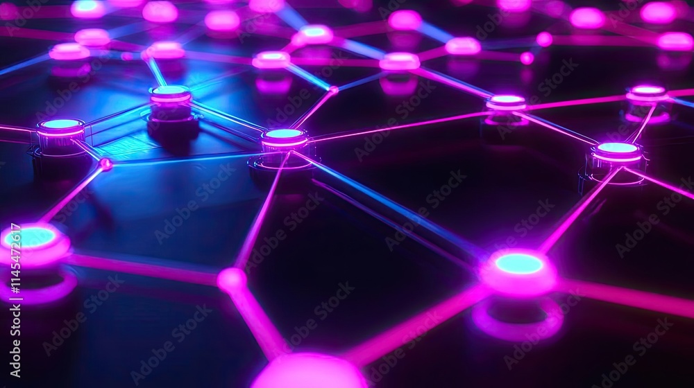 Poster inventory management idea. neon glowing network connections on dark surface representing digital com