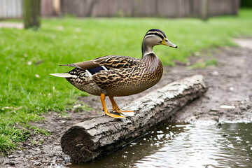 Fototapeta premium Female duck standing on a log near water in a natural grassland setting surrounded by greenery and tranquility